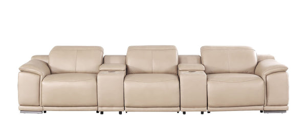 HomeRoots 134" Beige Leather Reclining Sofa with USB - Modern Comfort, Durable Design & Stylish Stainless Steel Legs 643703
