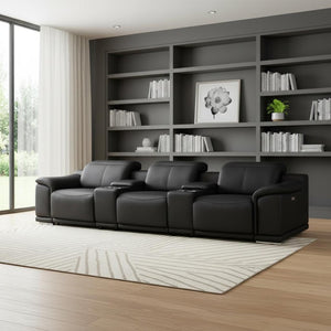 HomeRoots 134" Luxurious Black Leather Reclining Sofa with USB Charging & Stainless Steel Base for Modern Living 643704
