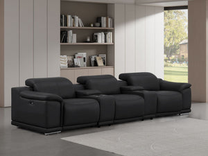 HomeRoots 134" Luxurious Black Leather Reclining Sofa with USB Charging & Stainless Steel Base for Modern Living 643704