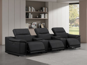 HomeRoots 134" Luxurious Black Leather Reclining Sofa with USB Charging & Stainless Steel Base for Modern Living 643704