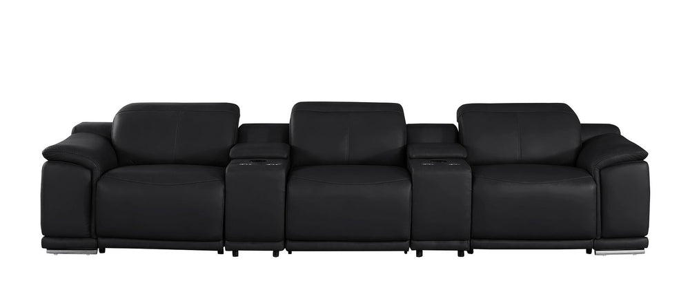 HomeRoots 134" Luxurious Black Leather Reclining Sofa with USB Charging & Stainless Steel Base for Modern Living 643704