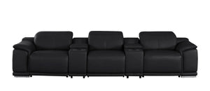 HomeRoots 134" Luxurious Black Leather Reclining Sofa with USB Charging & Stainless Steel Base for Modern Living 643704