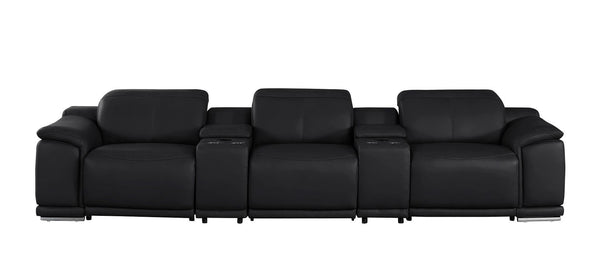 HomeRoots 134" Luxurious Black Leather Reclining Sofa with USB Charging & Stainless Steel Base for Modern Living 643704