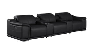 HomeRoots 134" Luxurious Black Leather Reclining Sofa with USB Charging & Stainless Steel Base for Modern Living 643704