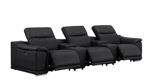 HomeRoots 134" Luxurious Black Leather Reclining Sofa with USB Charging & Stainless Steel Base for Modern Living 643704