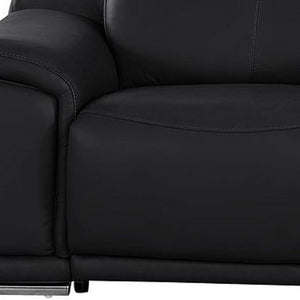 HomeRoots 134" Luxurious Black Leather Reclining Sofa with USB Charging & Stainless Steel Base for Modern Living 643704