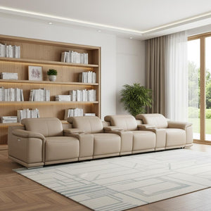 HomeRoots 175" Beige Leather Reclining Sofa with USB Charging - Luxurious Comfort & Modern Style for 4! 643706