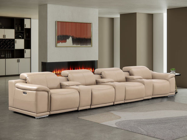 HomeRoots 175" Beige Leather Reclining Sofa with USB Charging - Luxurious Comfort & Modern Style for 4! 643706