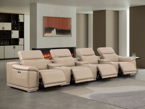 HomeRoots 175" Beige Leather Reclining Sofa with USB Charging - Luxurious Comfort & Modern Style for 4! 643706