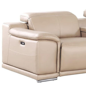 HomeRoots 175" Beige Leather Reclining Sofa with USB Charging - Luxurious Comfort & Modern Style for 4! 643706