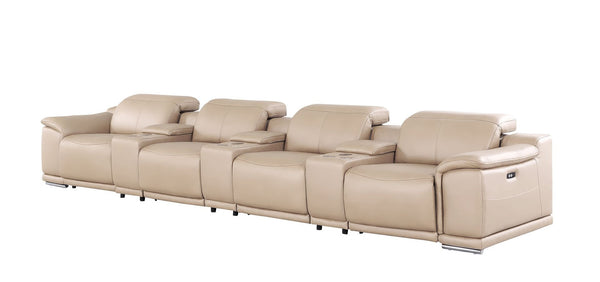 HomeRoots 175" Beige Leather Reclining Sofa with USB Charging - Luxurious Comfort & Modern Style for 4! 643706
