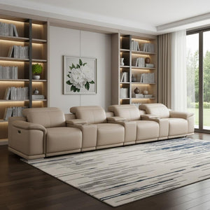 HomeRoots 175" Beige Leather Reclining Sofa with USB Charging – Luxurious Comfort for Modern Living Spaces 643707