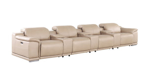 HomeRoots 175" Beige Leather Reclining Sofa with USB Charging – Luxurious Comfort for Modern Living Spaces 643707