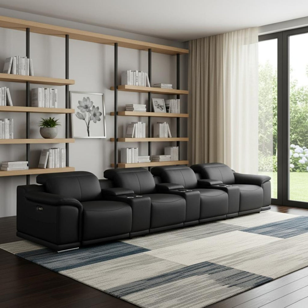 HomeRoots 175" Black Leather Reclining Sofa with Stainless Steel Legs – Modern Comfort for Your Living Space 643708