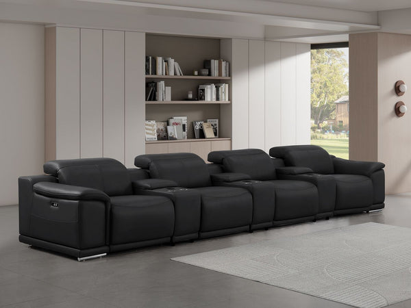 HomeRoots 175" Black Leather Reclining Sofa with Stainless Steel Legs – Modern Comfort for Your Living Space 643708