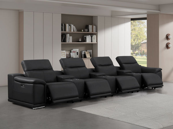 HomeRoots 175" Black Leather Reclining Sofa with Stainless Steel Legs – Modern Comfort for Your Living Space 643708