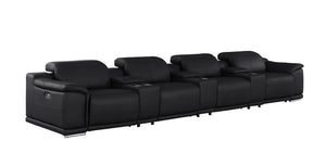 HomeRoots 175" Black Leather Reclining Sofa with Stainless Steel Legs – Modern Comfort for Your Living Space 643708