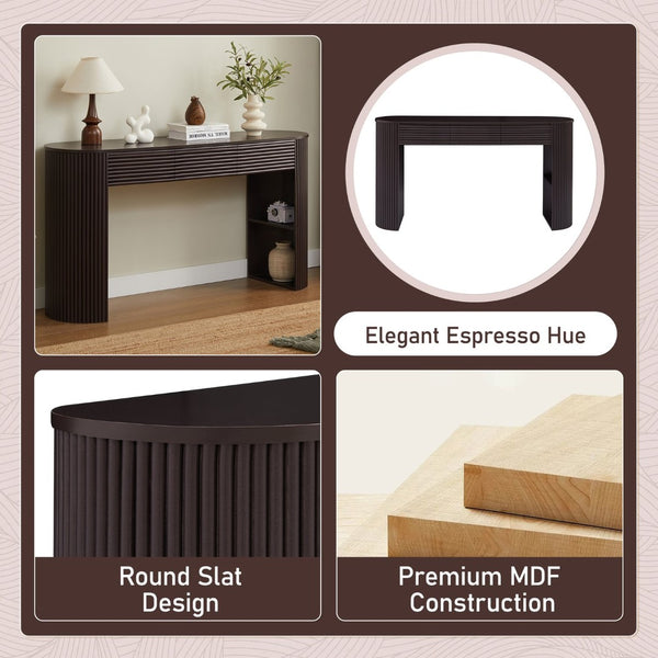 English Elm [video] Retro Fluted Console Table with 3 Drawers Open Niche Mid-century Entryway Espresso N759P283616D