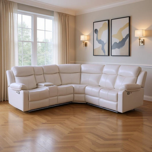 HomeRoots Off White Faux Leather Curved Sectional Sofa with LED Lighting, Console & Extra-Cushioned Comfort 643710