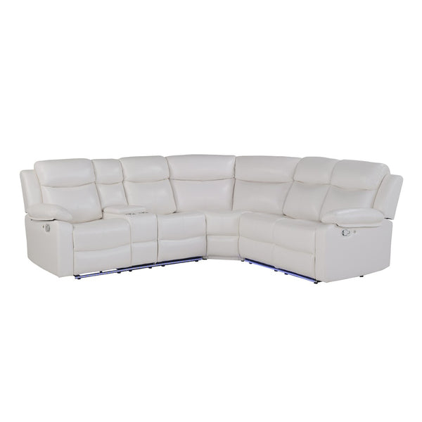 HomeRoots Off White Faux Leather Curved Sectional Sofa with LED Lighting, Console & Extra-Cushioned Comfort 643710