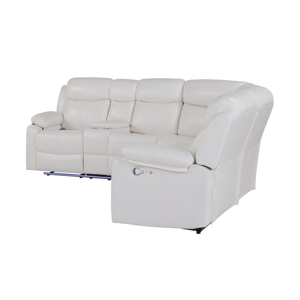 HomeRoots Off White Faux Leather Curved Sectional Sofa with LED Lighting, Console & Extra-Cushioned Comfort 643710