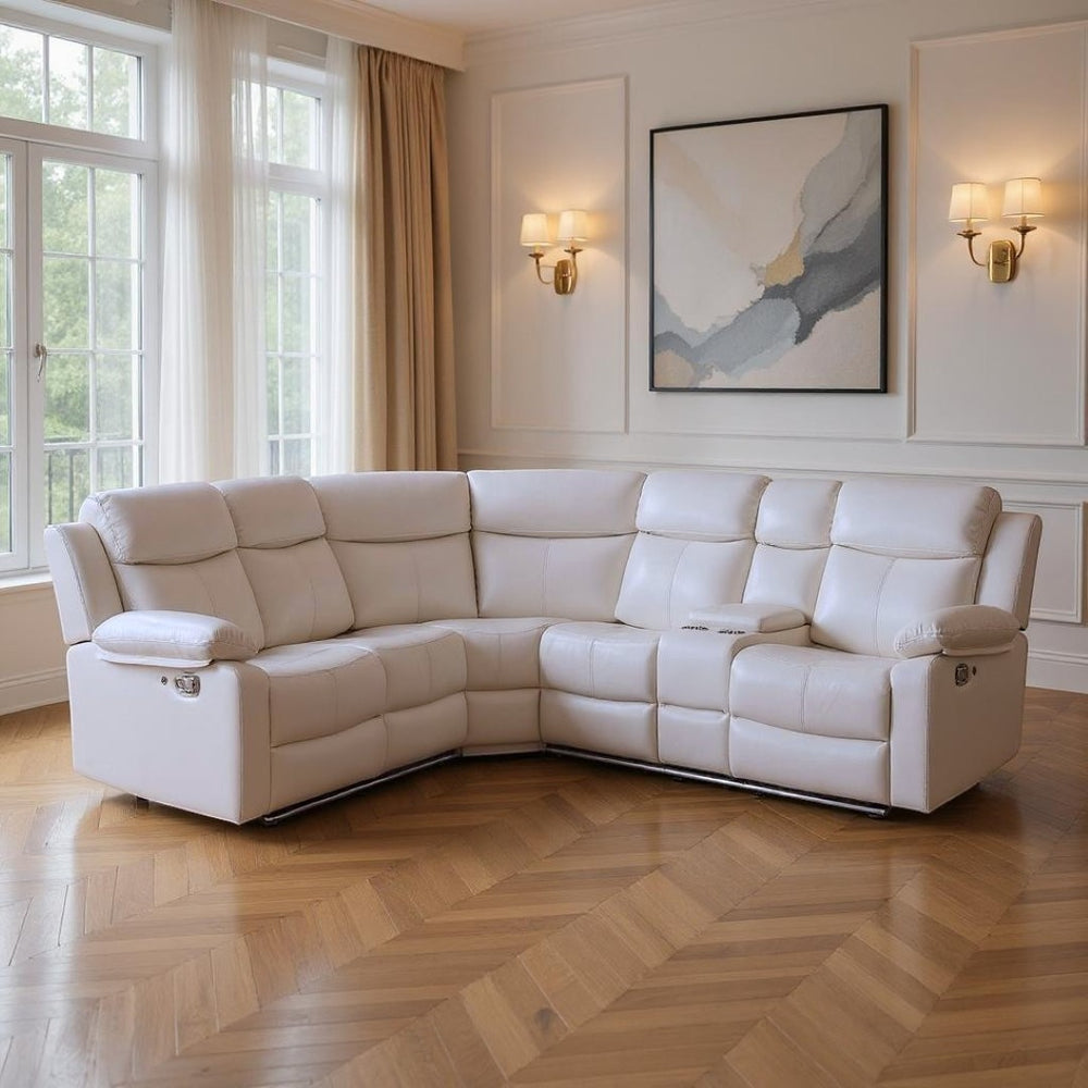 HomeRoots Off White Faux Leather Curved Sectional Sofa with LED Lights, Console & Reclining Seats for Comfort 643711