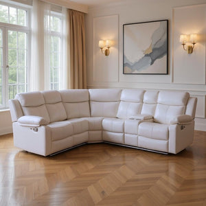HomeRoots Off White Faux Leather Curved Sectional Sofa with LED Lights, Console & Reclining Seats for Comfort 643711