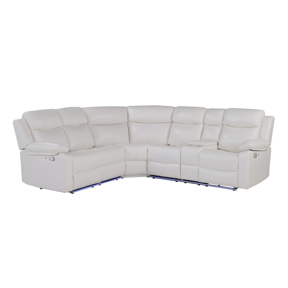 HomeRoots Off White Faux Leather Curved Sectional Sofa with LED Lights, Console & Reclining Seats for Comfort 643711