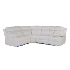 HomeRoots Off White Faux Leather Curved Sectional Sofa with LED Lights, Console & Reclining Seats for Comfort 643711