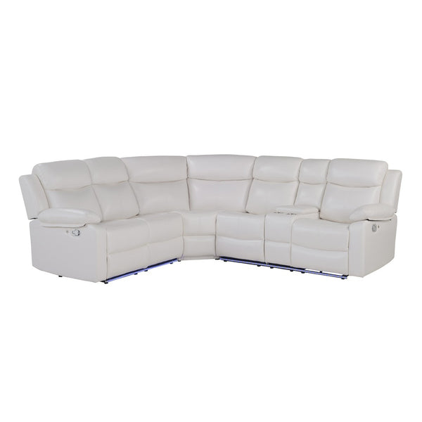 HomeRoots Off White Faux Leather Curved Sectional Sofa with LED Lights, Console & Reclining Seats for Comfort 643711