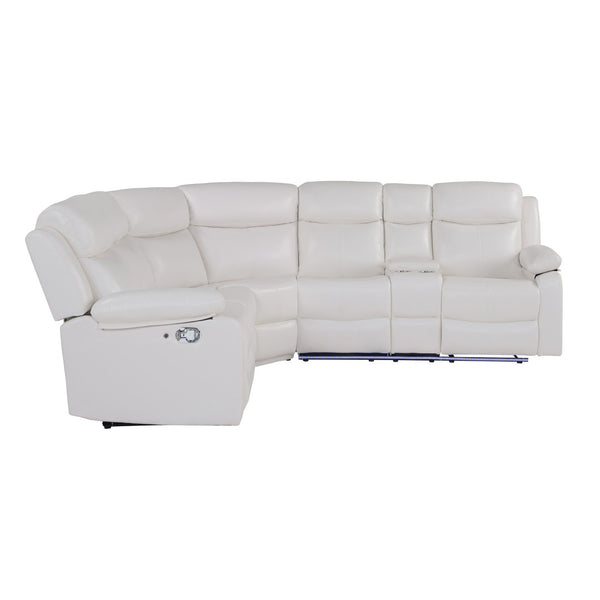 HomeRoots Off White Faux Leather Curved Sectional Sofa with LED Lights, Console & Reclining Seats for Comfort 643711