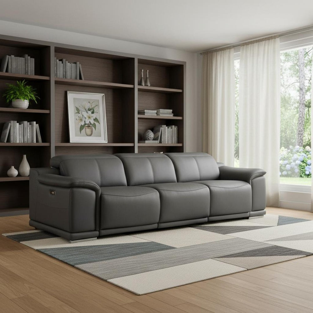 HomeRoots 108" Battleship Gray Leather Reclining Sofa with USB Port - Luxurious Comfort & Modern Design! 643712