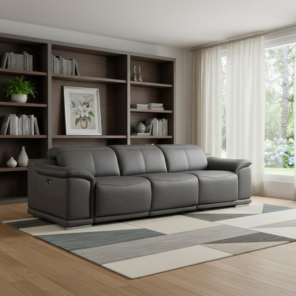 HomeRoots 108" Battleship Gray Leather Reclining Sofa with USB Port - Luxurious Comfort & Modern Design! 643712