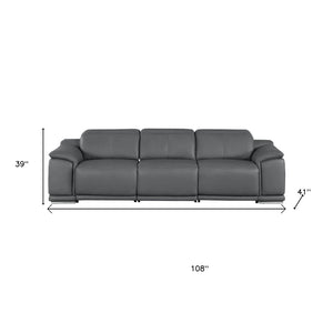 HomeRoots 108" Battleship Gray Leather Reclining Sofa with USB Port - Luxurious Comfort & Modern Design! 643712