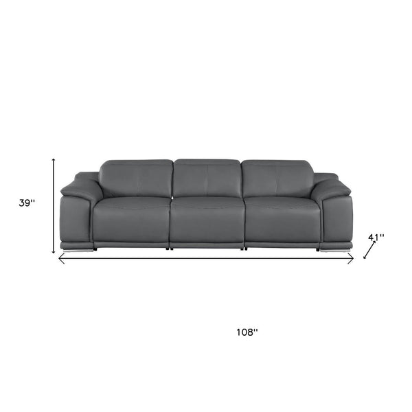 HomeRoots 108" Battleship Gray Leather Reclining Sofa with USB Port - Luxurious Comfort & Modern Design! 643712