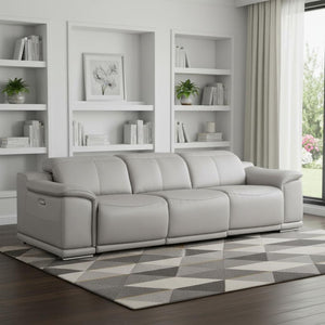 HomeRoots 108" Ash Gray Leather Reclining Sofa with USB Charging – Modern Comfort, Stylish Design, and Durability! 643713