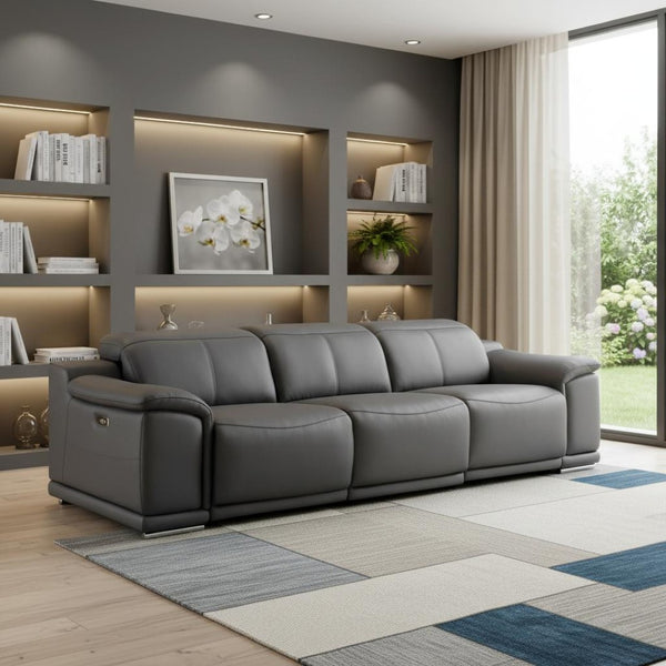HomeRoots 108" Battleship Gray Leather Reclining USB Sofa - Luxurious Comfort, Modern Design & Durable Support 643714