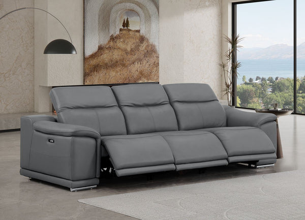 HomeRoots 108" Battleship Gray Leather Reclining USB Sofa - Luxurious Comfort, Modern Design & Durable Support 643714