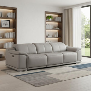 HomeRoots 108" Ash Gray Leather Reclining Sofa with USB Ports - Luxurious Comfort for Modern Living Spaces 643715