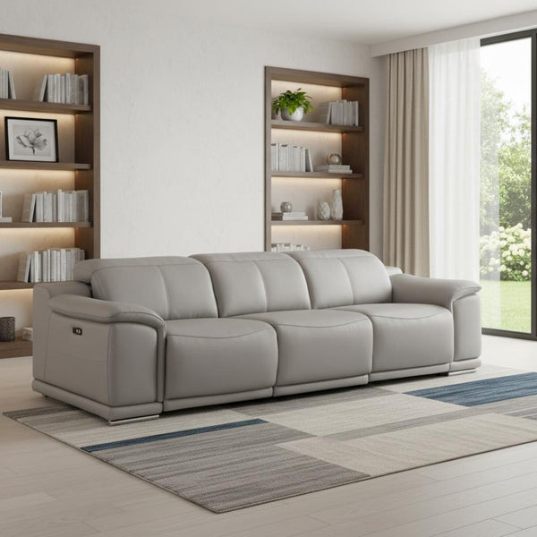 HomeRoots 108" Ash Gray Leather Reclining Sofa with USB Ports - Luxurious Comfort for Modern Living Spaces 643715