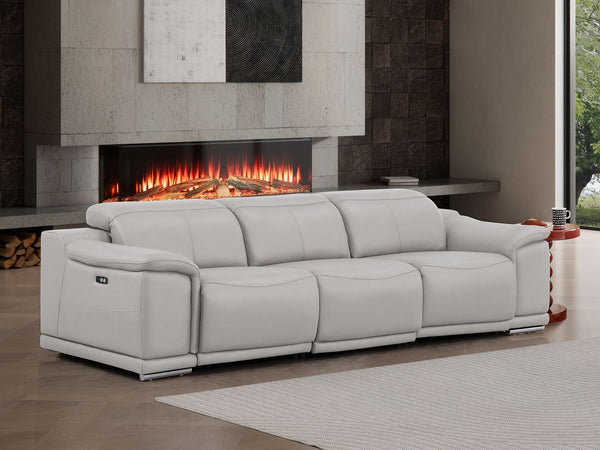 HomeRoots 108" Ash Gray Leather Reclining Sofa with USB Ports - Luxurious Comfort for Modern Living Spaces 643715