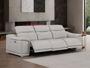 HomeRoots 108" Ash Gray Leather Reclining Sofa with USB Ports - Luxurious Comfort for Modern Living Spaces 643715