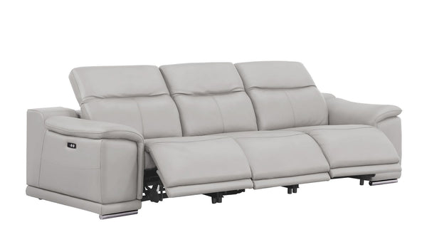 HomeRoots 108" Ash Gray Leather Reclining Sofa with USB Ports - Luxurious Comfort for Modern Living Spaces 643715