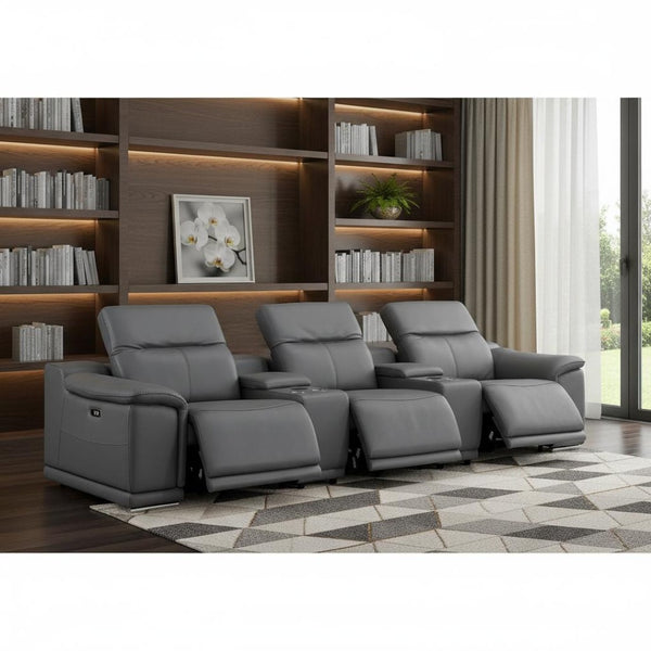 HomeRoots 134" Modern Battleship Gray Leather Reclining Sofa with USB Charging, Comfort & Style for 3 643716