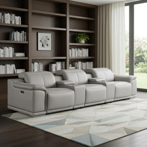 HomeRoots 134" Ash Gray Leather Reclining Sofa with USB Charging – Luxurious Comfort for Modern Living Rooms 643717