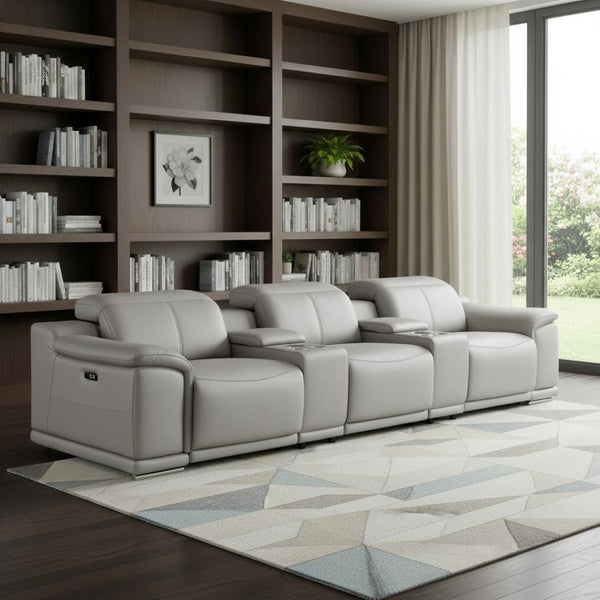HomeRoots 134" Ash Gray Leather Reclining Sofa with USB Charging – Luxurious Comfort for Modern Living Rooms 643717