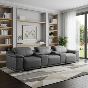HomeRoots 175" Battleship Gray Leather Reclining Sofa with USB Charging - Luxurious Comfort & Modern Style 643718