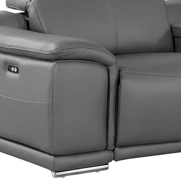 HomeRoots 175" Battleship Gray Leather Reclining Sofa with USB Charging - Luxurious Comfort & Modern Style 643718