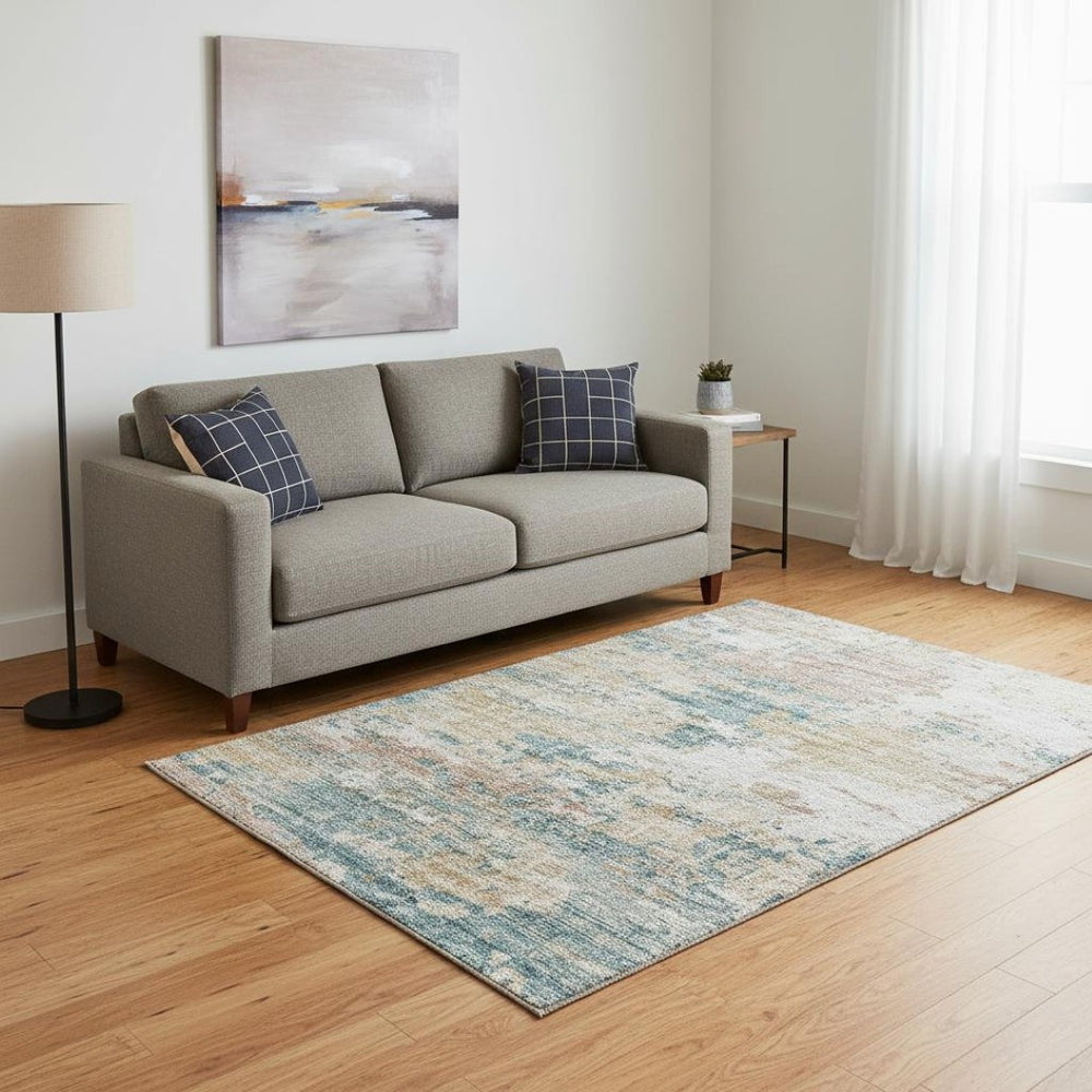 HomeRoots 5' X 8' Teal Blue Ivory Copper Abstract Washable Area Rug – UV Protected, Durable & Stylish Design 643727