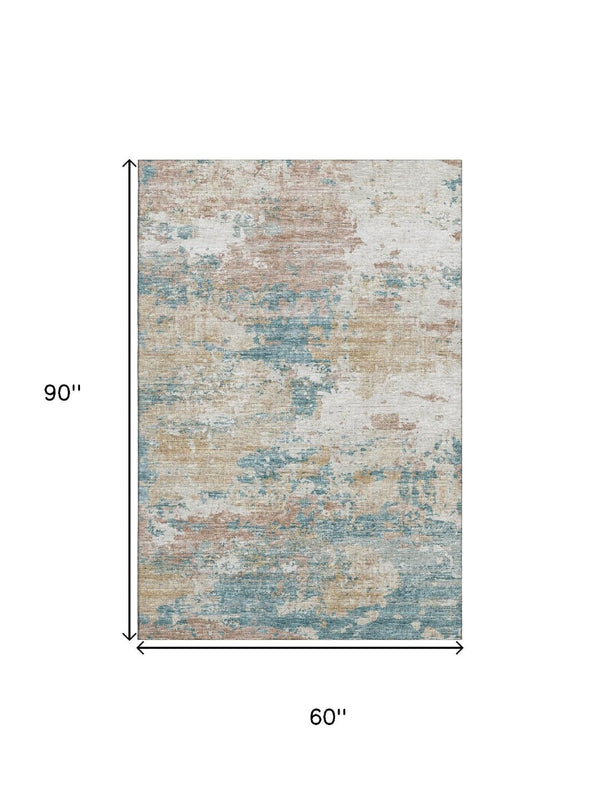 HomeRoots 5' X 8' Teal Blue Ivory Copper Abstract Washable Area Rug – UV Protected, Durable & Stylish Design 643727